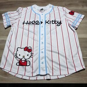 Hello Kitty Baseball Jersey Womens 2XL White Pinstripe Sanrio Button Up Shirt